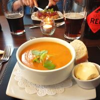 Tomato soup, the butter is plant based (Flora) at The Old School Restaurant and Rooms in Inshegra