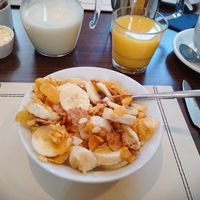 Granola, fruit, oat drink at The Old School Restaurant and Rooms in Inshegra