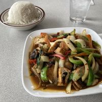 #58 Pad Kra Pao with fried tofu and complimentary rice. I get all dishes #5 spicy🌶️   at Thai Carrot in Aberdeen