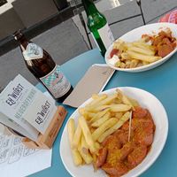Currywurst mit Pommes at Eh Wurst Vegane Würstelbar in Vienna