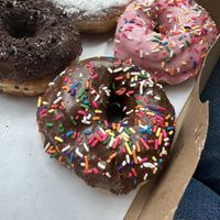Raspberry jelly, strawberry, chocolate, and triple chocolate  at Dun-Well Doughnuts in Brooklyn