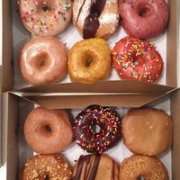vanilla sprinkles, chocolate coconut, blueberry, glazed, lemon poppyseed, strawberry sprinkles, cinnamon sugar, chocolate sprinkles, pb&j, french toast, choco pb&j, toasted coconut at Dun-Well Doughnuts in Brooklyn
