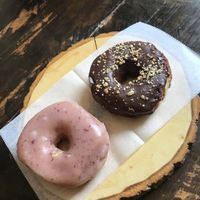 Chocolate and peanut butter + blueberry  at Dun-Well Doughnuts in Brooklyn
