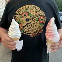 Medium vegan vanilla and a vanilla-strawberry lemonade twist!  at Golden Guernsey Ice Cream in Oneonta