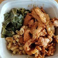 Oyster mushrooms, Mac and cheese, greens and sweet potatoes. All vegan. at Majani in Chicago