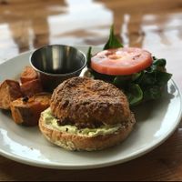 crab cake sandwich with sweet potato wedges at Majani in Chicago