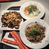 Kung Pao Brussels (left), Dan Dan Noodles (top right), Truffle Fried Rice (bottom right)  at The Rogue Panda in Brooklyn
