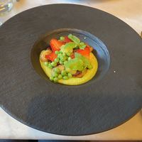 Pre-dessert: gnocchi with peas and strawberries and elderflower sirup: quite good, especially the gnocchi.  at Konijnenvoer in Arnhem