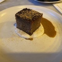 Dessert: sticky toffee cake. Very tasty with a nutty date cake, soy mascarpone and real gold on top.  at Konijnenvoer in Arnhem