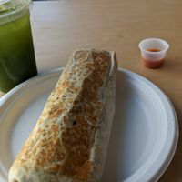 Aqua Fresca and a loaded burrito. Salsa from the fresh self service salsa area at Rojos Mexican Food in Seattle