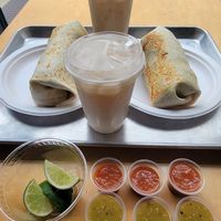 Loaded al pastor and horchata on deck yeaaa baby at Rojos Mexican Food in Seattle