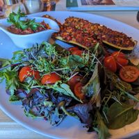 Fried zucchini with side salad (+ tomatoes and sunflower seeds) and tomato pesto at Braugasthaus Zum Alten Fritz in Rostock
