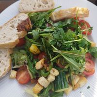 Salad with baguette. added balsamic vinegar instead of the (possibly non-vegan) dressing at Braugasthaus Zum Alten Fritz in Rostock