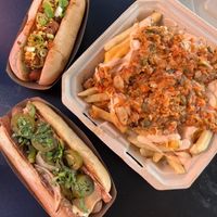 chili cheese dog, danger dog, and kimchi fries  at Underdog in San Diego