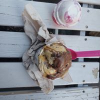 Caramel ice cream,  chocolate brownie, the berry swirl cream tiny cup, 😋 💖 vegan at Ice Cream Social in White Plains