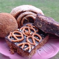 From top going clockwise, lentil and vegetable roulade, peanut butter brownie, salted pretzel flapjack, and the best scotch 'egg' you'll ever eat. at Grain & Goodness in Tynemouth