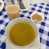 Carrot soup, small dessert, juice drink at Vida y Salud in Cali