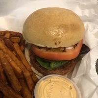 Beyond burger with sweet potato fries  at Pianta at the New Deal Cafe in Greenbelt