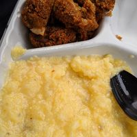 Grits- delicious! And the "sausages" made from quinoa, a very interesting take and very flavorful! at Sweet and Natural in Mount Rainier