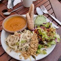Soup of the day with salad and pita at Willow Vegetarian Garden Restaurant in Totnes