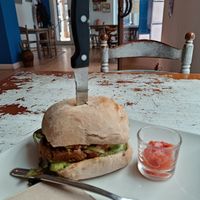Vegan burger with salsa at Cafe Artysana in Valencia