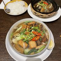 Special pho and banana and caramel clay pot  at Non Viet Vegan in Edinburgh