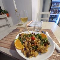 Vegetarian bras and douro white wine. at Coisas da Lena in Coimbra