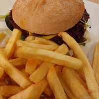 Veggie burger with fries at Caravanserai in San Sebastian