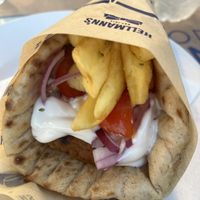Mega meatless souvlaki wrap with vegan sauce  at Piatsa Souvlaki Grill House Oia in Oia
