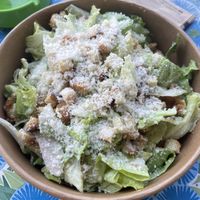 Caesar salad with vegan nuggets and vegan parmesan, really good!!  at Los Hermanos in Chaniotis