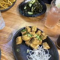 Salt and togarashi chilli tofu, cucumber and wakame salad, truffle fries  at Ikigai Ramen in Edinburgh