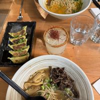 Top: Vegantan (spicy), bottom: Fauxkotsu. Side of Yasai Gyoza (also vegan) and a Tagarashi Margarita. We loved it so much we wanted to eat more. We ordered one to go    at Ikigai Ramen in Edinburgh