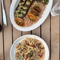 Top: roasted eggplant. Bottom: vegan lobster casarecce  at Jardin in Madison