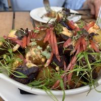 PATATAS AZULES  on the snacks menu. Big enough for an entrée! Fantastic!
fried blue gem potato, chili toum, ramp chimichurri, pickled daikon, pickled carrot, amaranth microgreens  at Jardin in Madison
