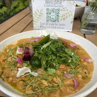 . $22
CHICKPEA CURRY
kabocha squash, shiitake mushroom, blue potato, caramelized sweet onion, fried green tomato, cilantro slaw. One of my delicious favorites.￼  at Jardin in Madison