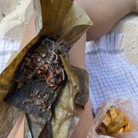 Mushroom mix wrapped in banana leaf and a non-spicy tofu curry  at Mae Orathai Vegetarian in Phuket