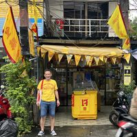 My husband matches the decor! 😂  at Mae Orathai Vegetarian in Phuket