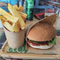 Vegan burger and fries at Muaz Vegetarian in Kyrenia