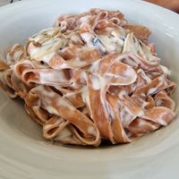Beet pasta and mushroom sauce at Muaz Vegetarian in Kyrenia