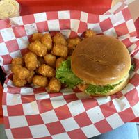 the mexico romeo burger with tots !  at Romeos Vegan Burgers in Greensboro