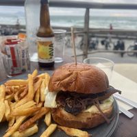Vegan burger and alcoholic kombucha  at Le Surfing in Biarritz