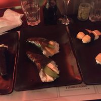 Salmon nigiri and selection of handrolls  at Moshimo in Brighton