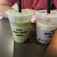 Strawberry matcha latte & blueberry corn milk (with oat milk & boba) after stirring   at Boba Baba in Cary