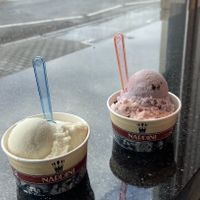 Banana and blueberry and Raspberry ripple in tubs   at Nardini's in Largs