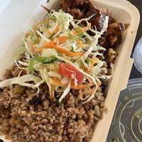 bbq cauli wings, bulgar rice + veg  at A Vegan's Utopia in Montego Bay