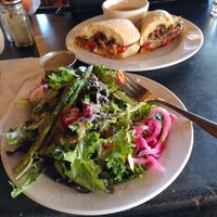 Crimini mushroom burger with side salad at Plank Town Brewing Company in Springfield