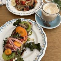 Savory toast, pancakes and chai latte   at Ground to Grow in Paris