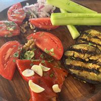 Country salad (just ask for no cheese). The grilled aubergine is absolutely delightful    at Koziyat Rog in Pomorie