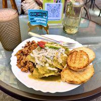 Chilaquiles with soy protein and banana cacao smoothie   at Citronella in Oaxaca