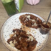 Memelitas. There was 3 but I had already eaten one. Soya protein was great:)  at Citronella in Oaxaca